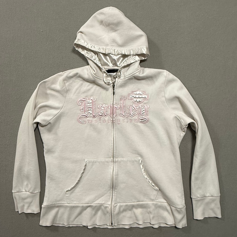Harley Davidson White Pink Zip Up Logo Hoodie Sweatshirt Large